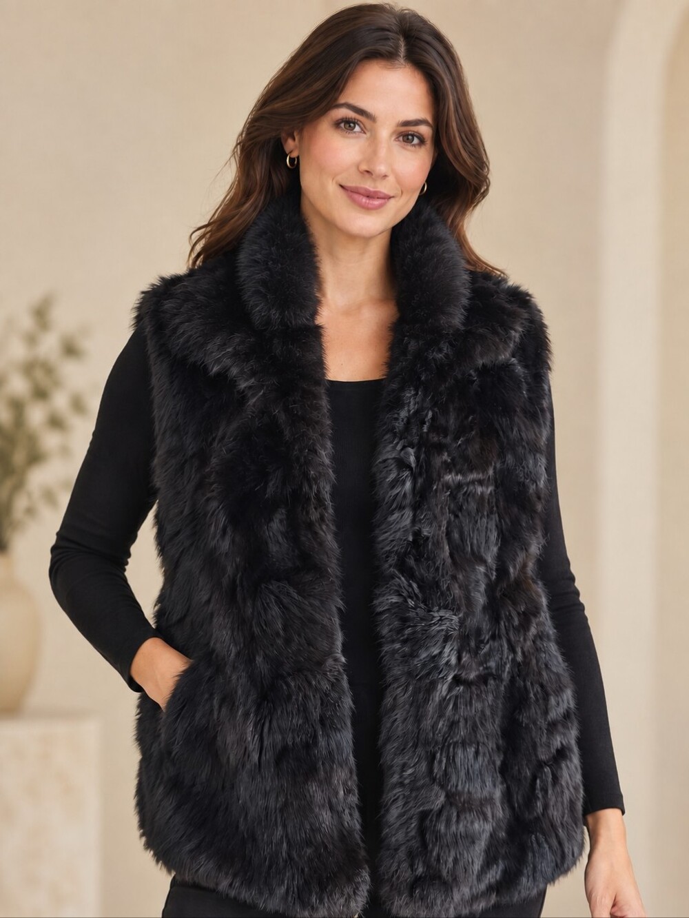 Designer Black Andrew Marc New Zealand Opossum Fur Vest Jacket XL